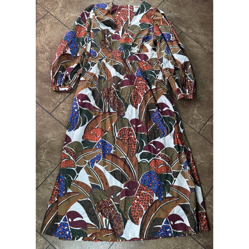 Farm Rio Anthropologie V-Neck Maxi Dress Tropical Leaf Print Womens Size 12